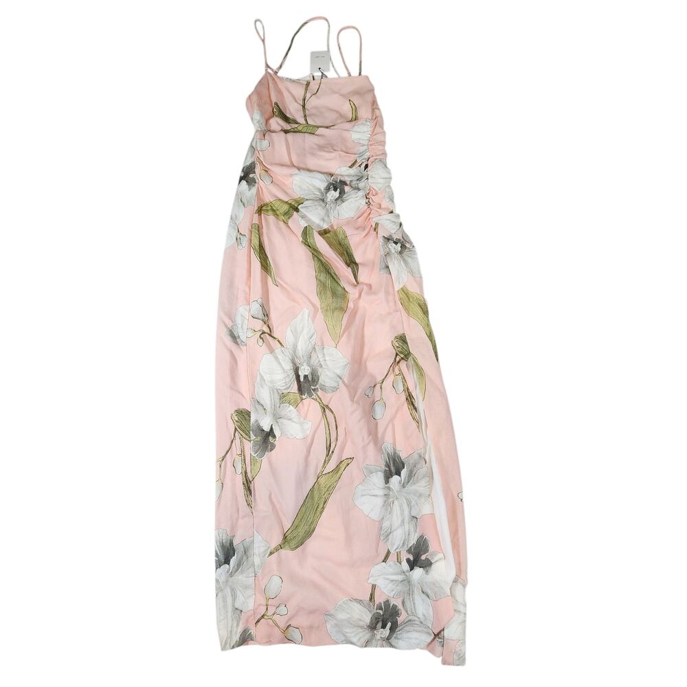 ZARA NWOT‎ floral printed midi linen blend dress XSmall side slit gathered front - Picture 2 of 13